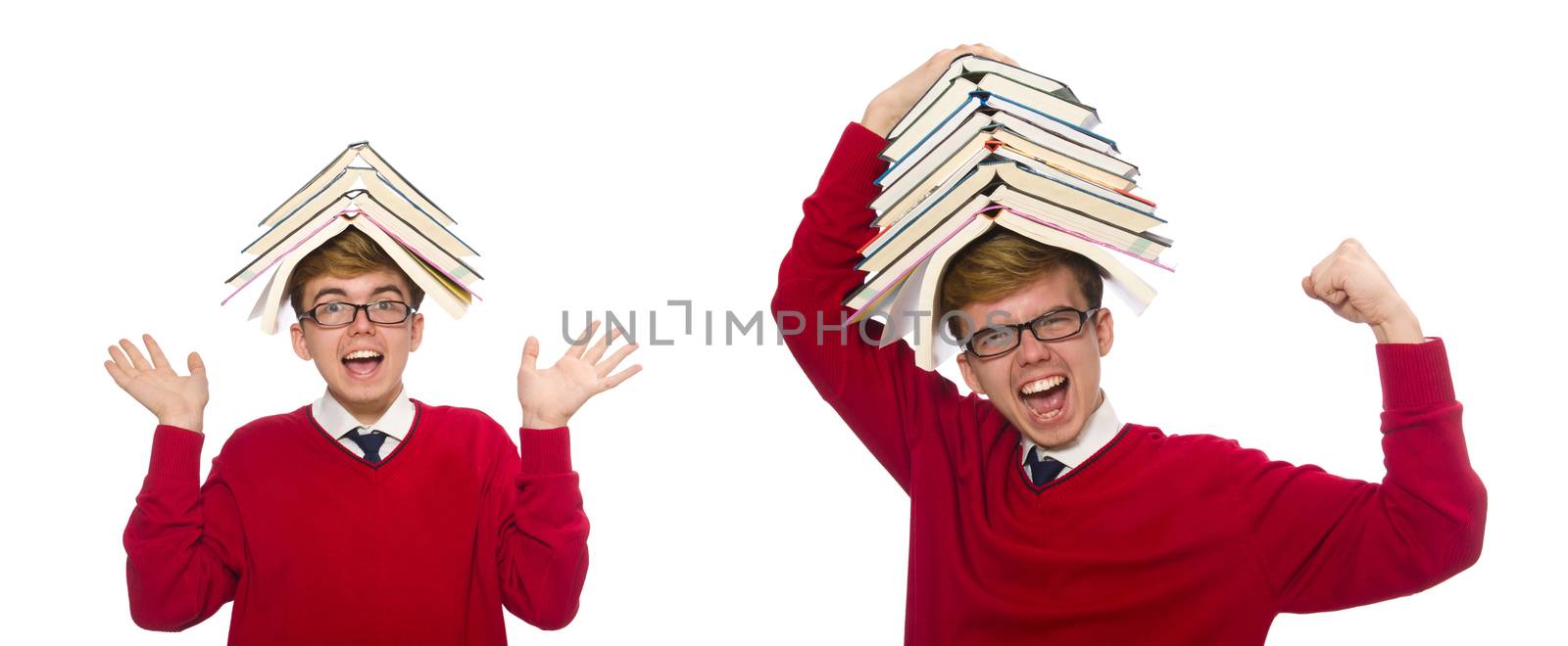 Funny student with books isolated on white