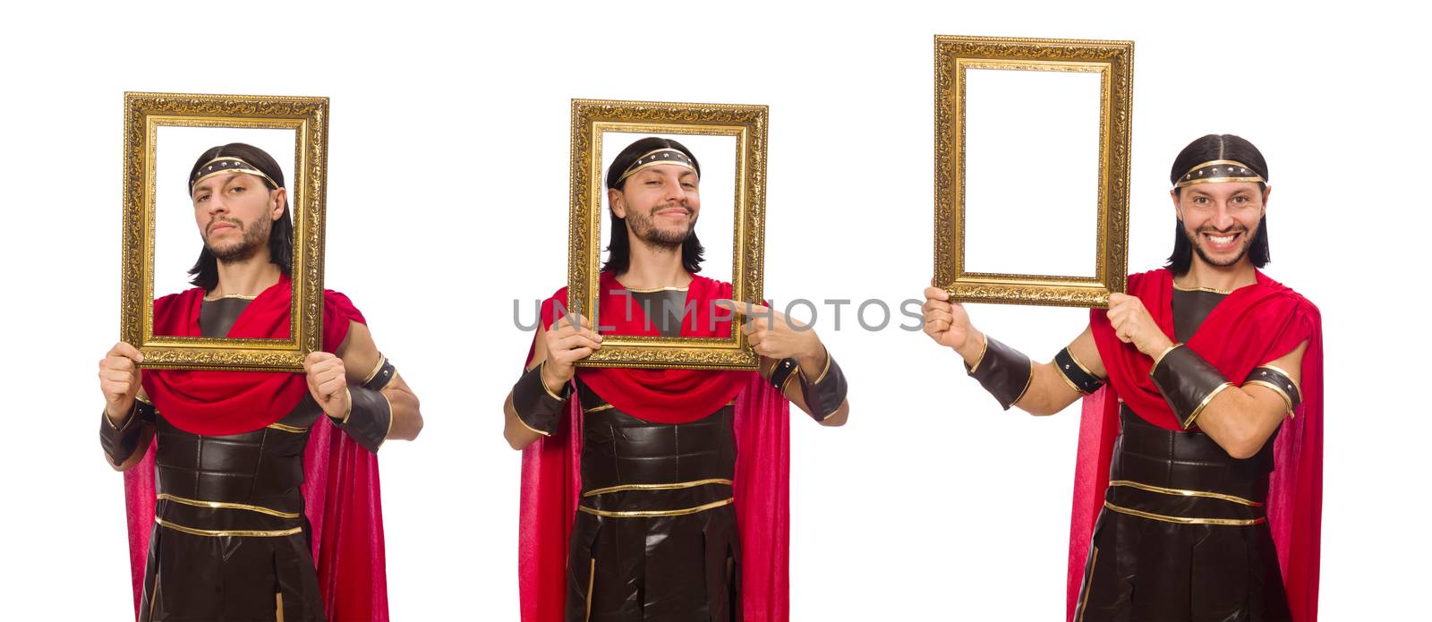 Gladiator holding picture frame isolated on white