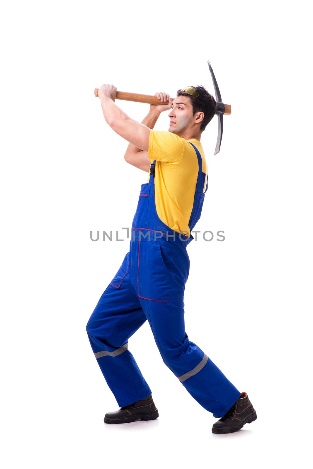 Young man contractor with axe isolated on white