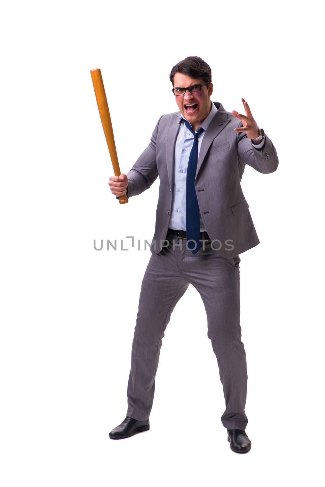 Businessman with baseball bat isolated on white