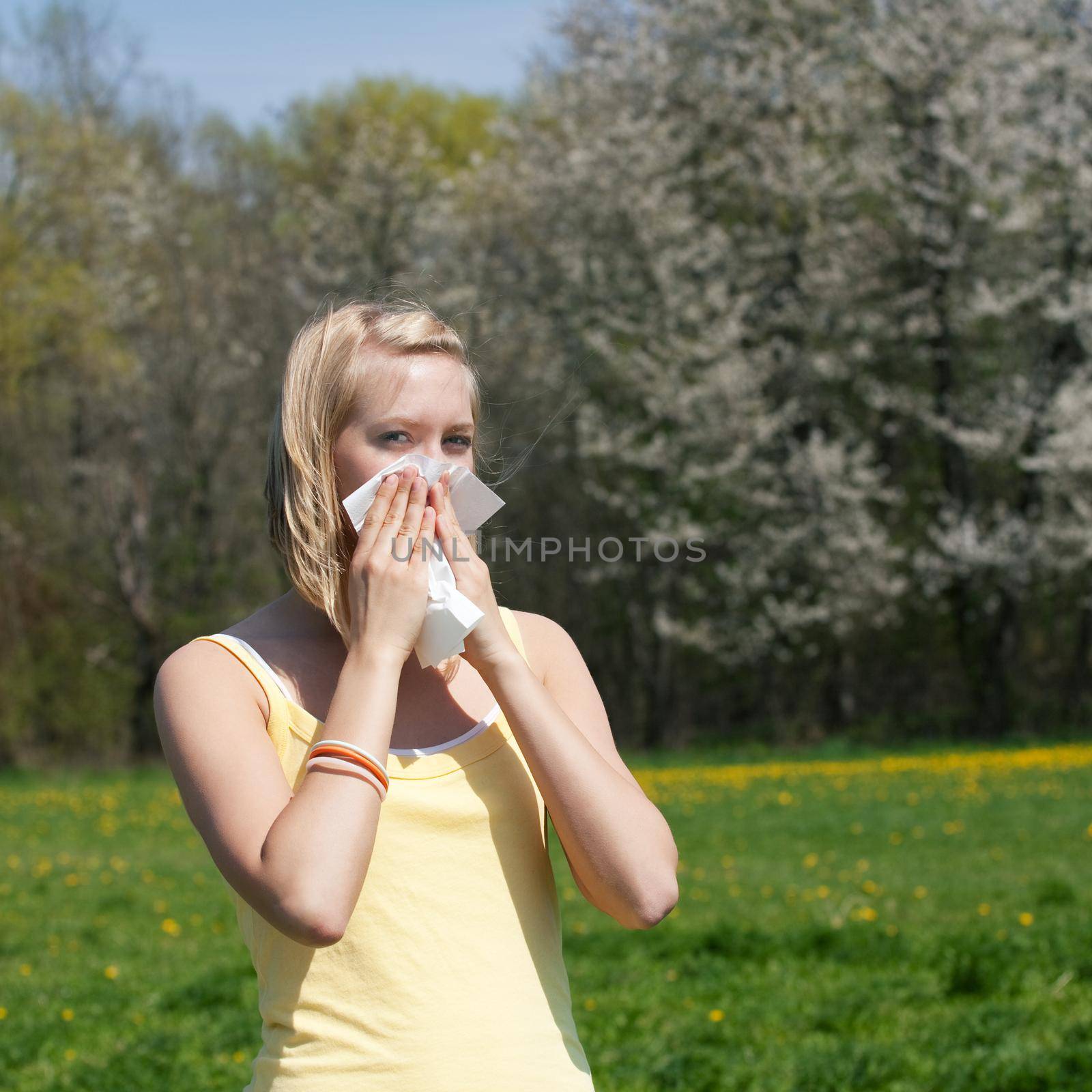 Woman with allergy sneezing by Kzenon