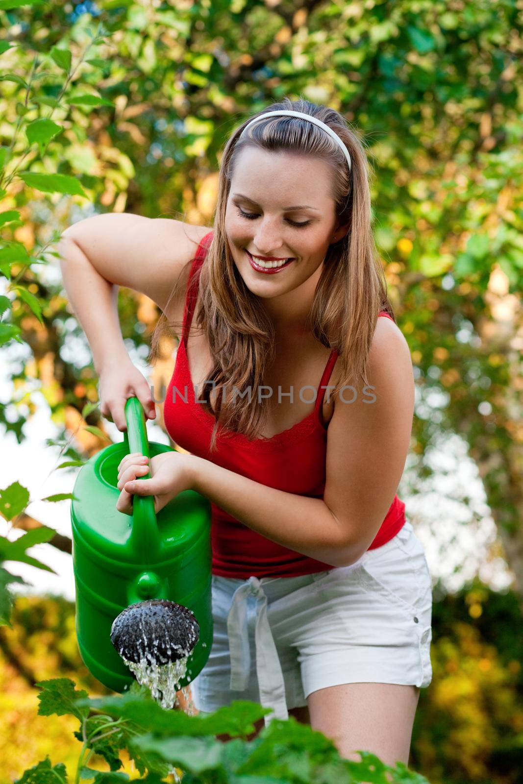 Woman in garden watering flowers by Kzenon