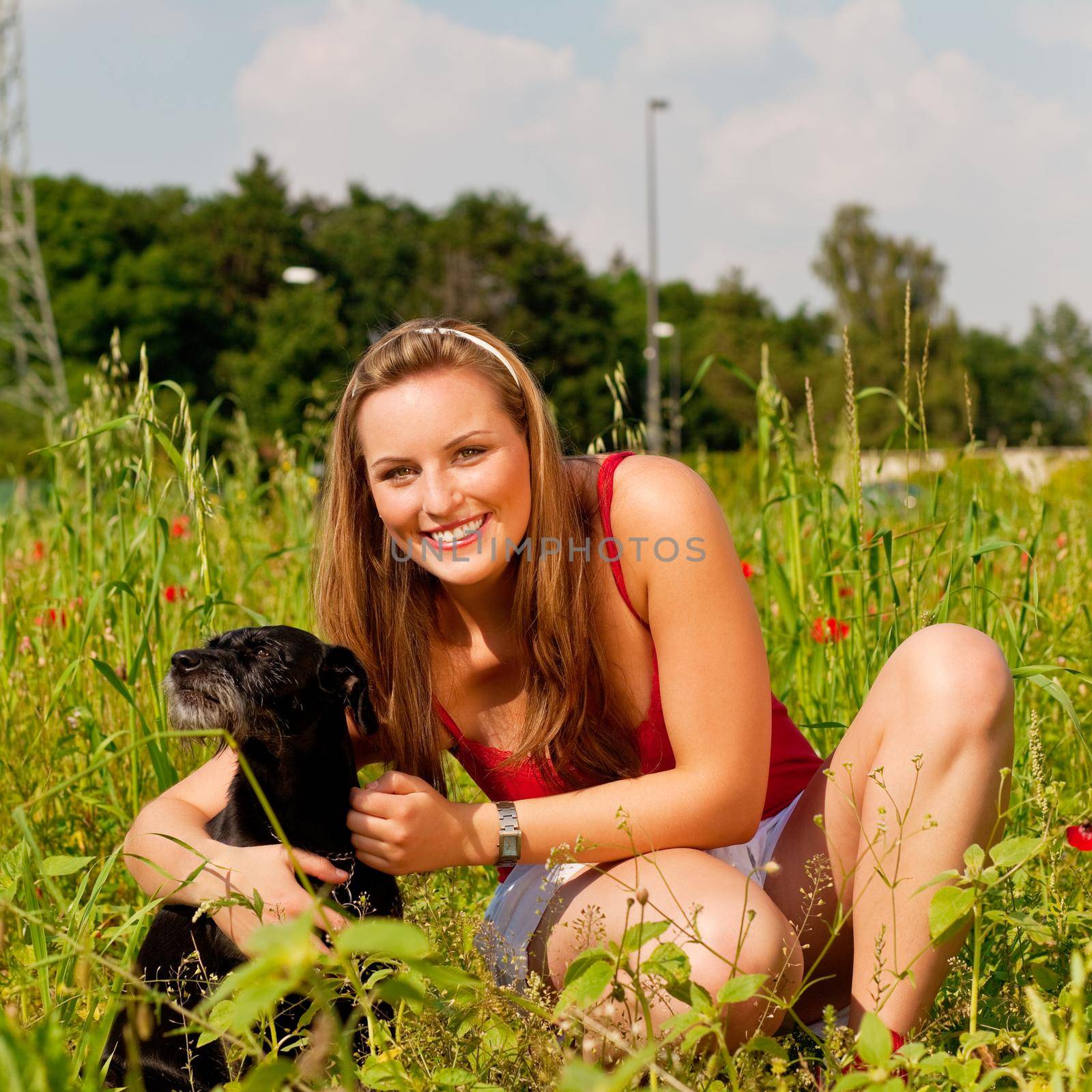 Woman is playing with her dog on a meadow in summer