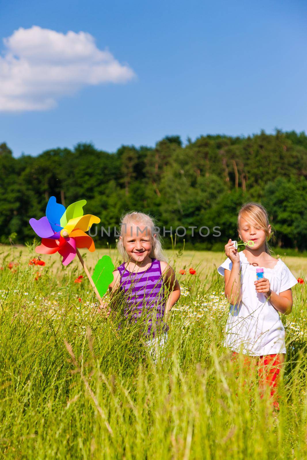 Two children in field playing with soap bubbles and windmill