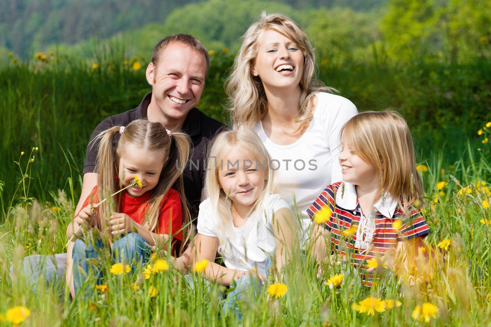 Happy family in summer on meadow by Kzenon
