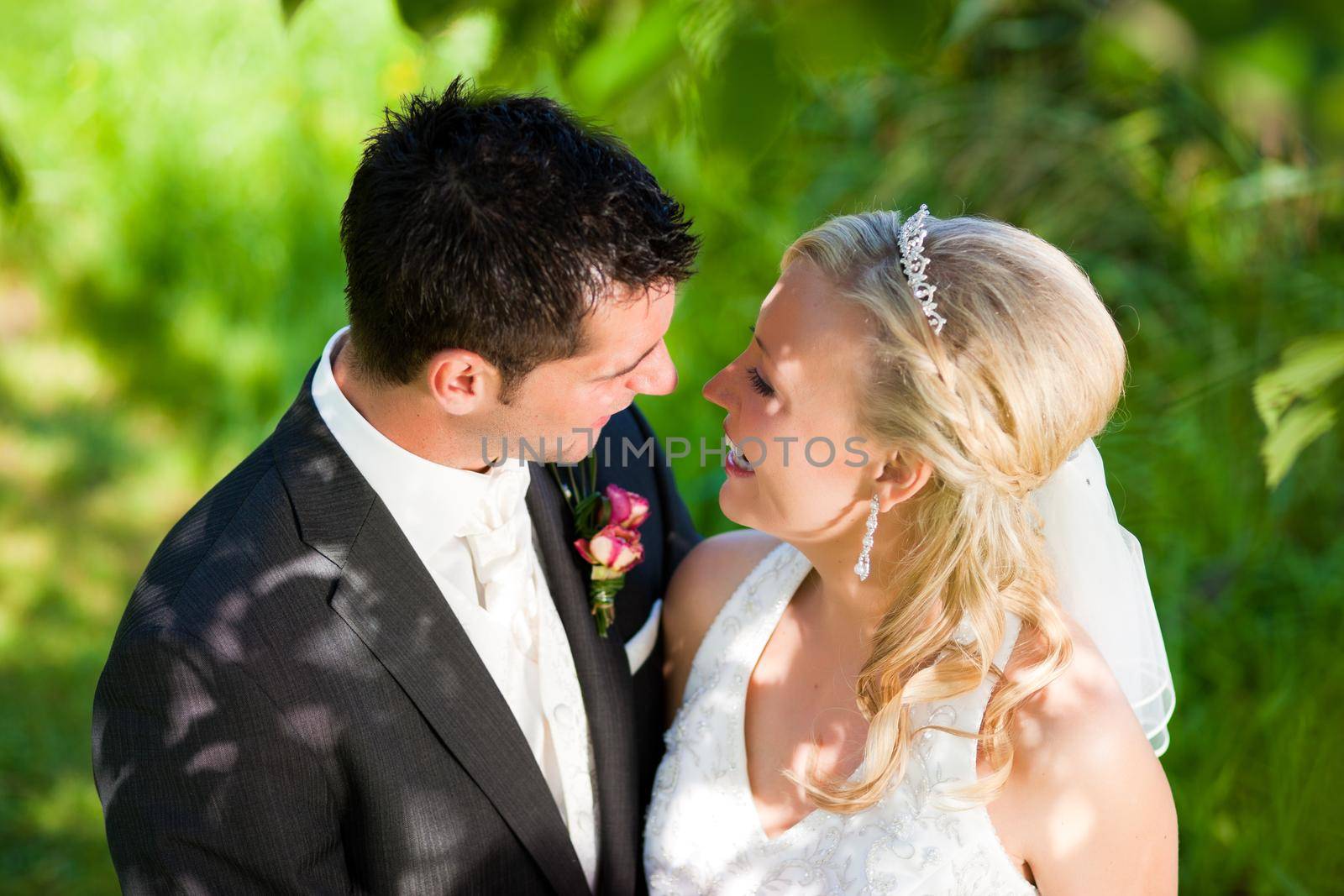 Wedding couple embracing each other moment of joy