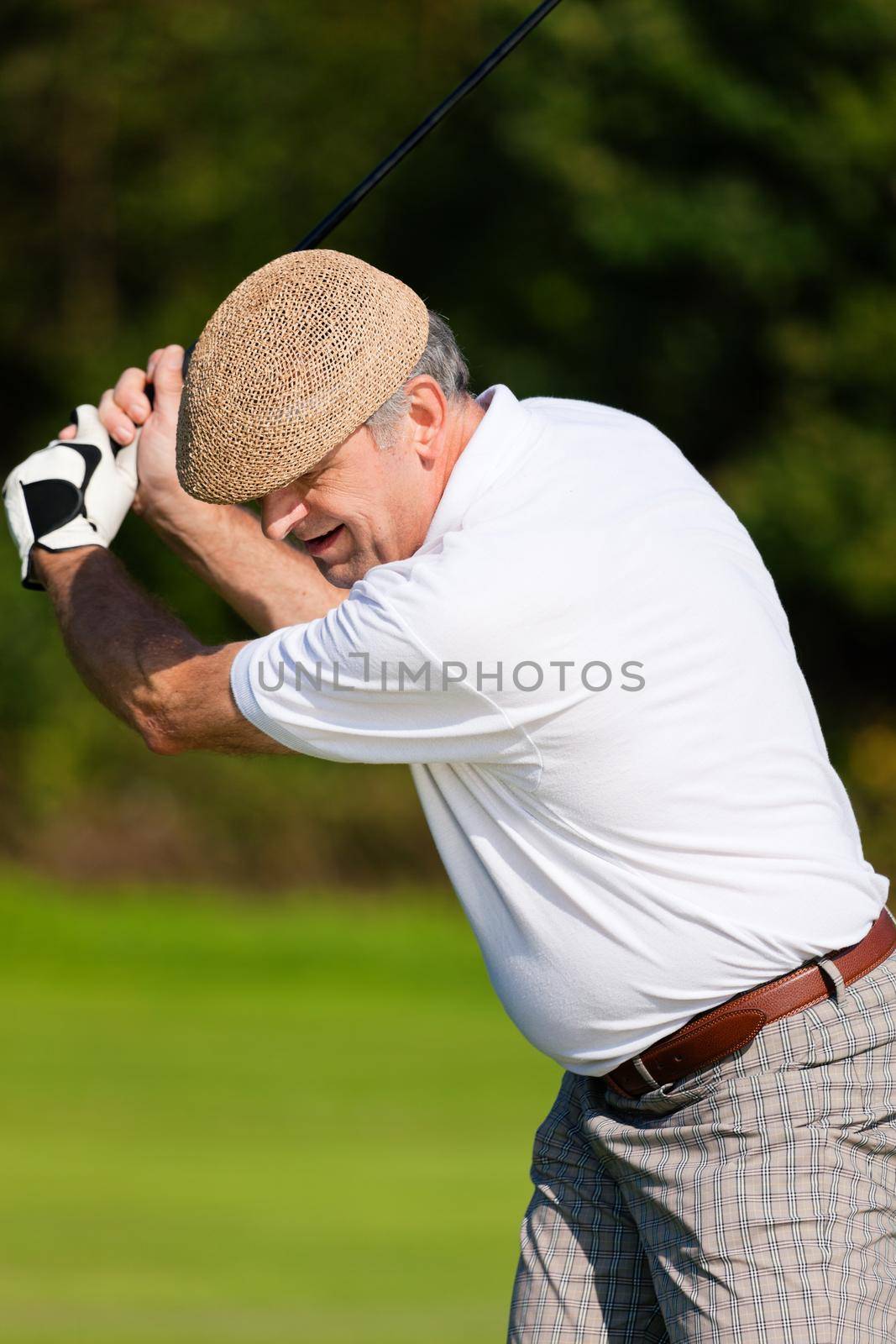 Senior golfer - only torso to be seen - doing a golf stroke, he is playing on a wonderful summer afternoon