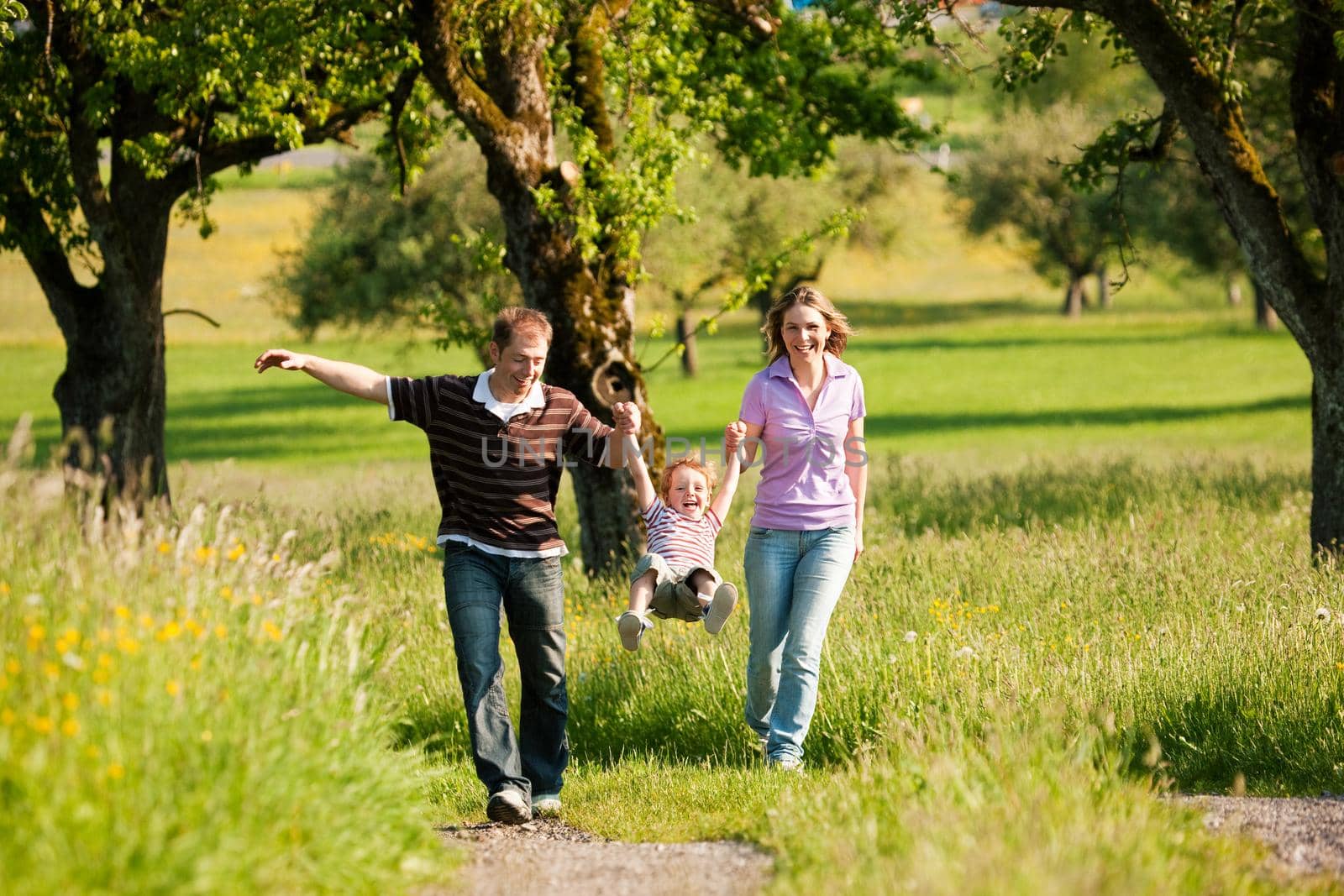 Family having a walk outdoors in summer, throwing their little son in the air in a playful way