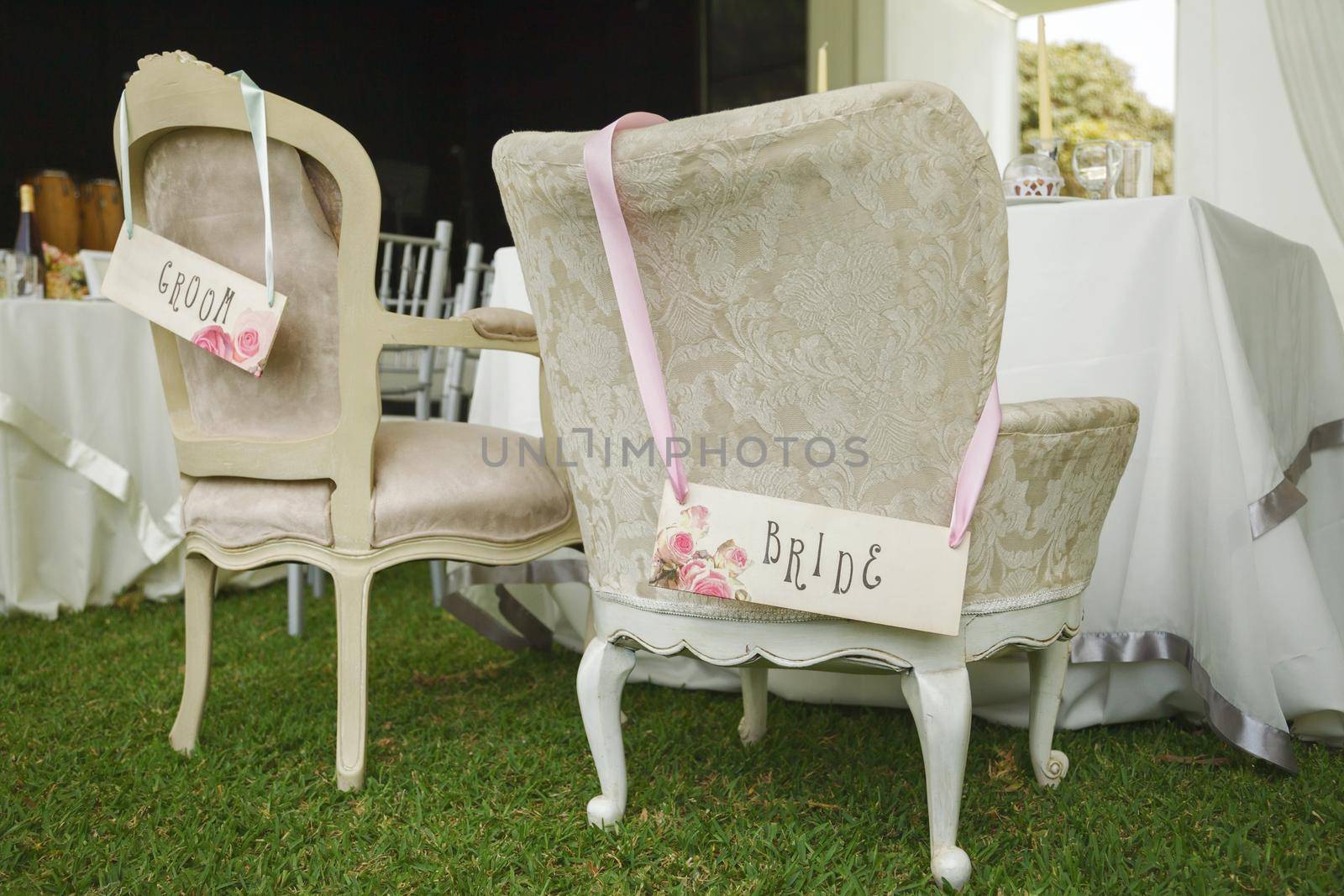DIY chairs for bride and groom with hand written signs