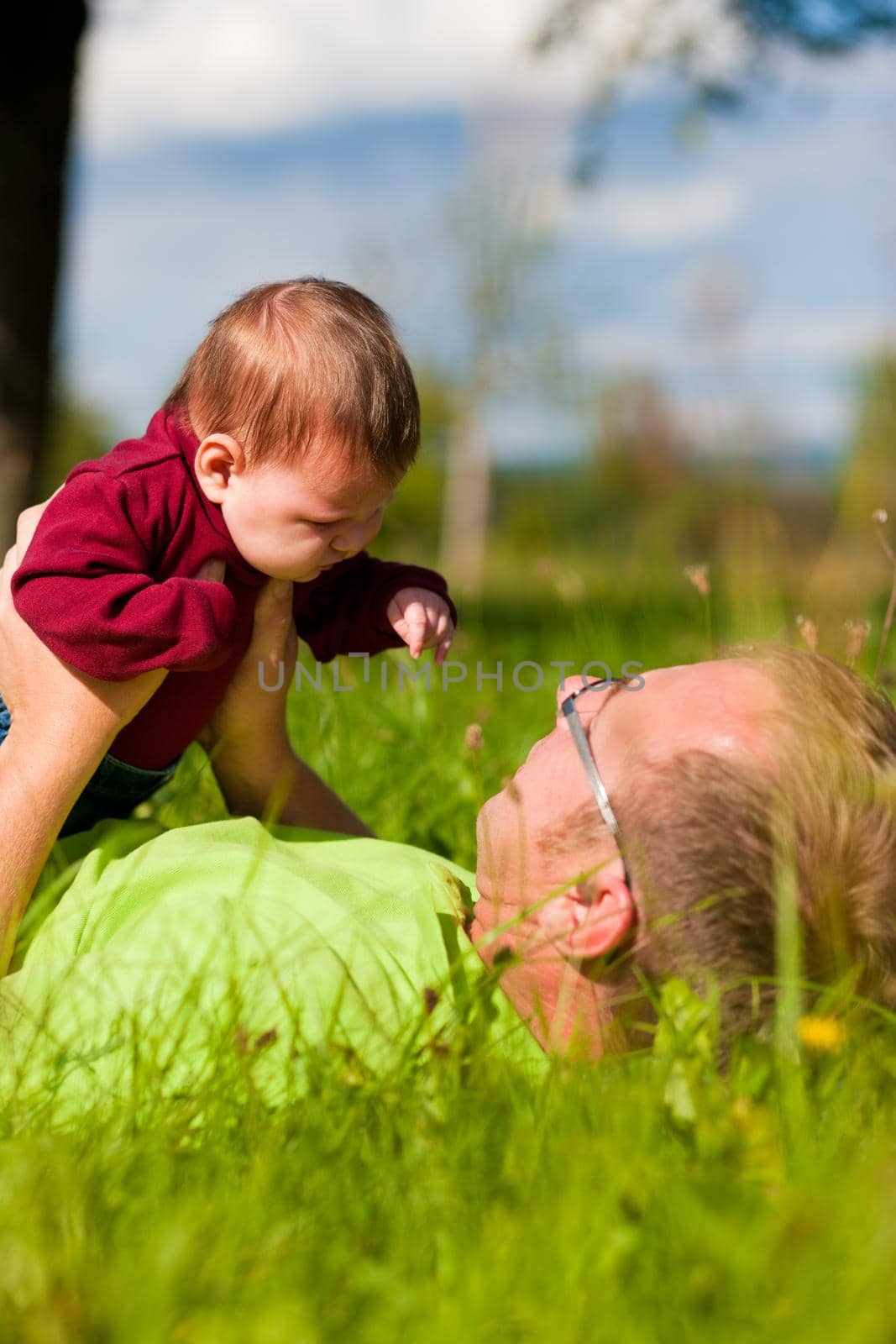 Father playing with his baby child on a great sunny day in a meadow with lots of green grass and wild flowers