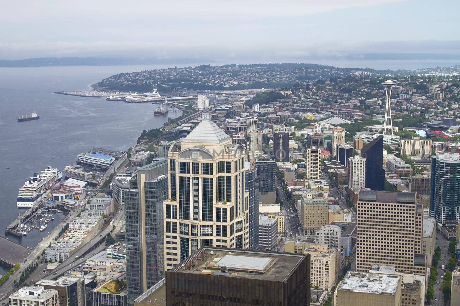 Skyline of Seattle and Space Needle Tower from Columbia Center in Washington, United States.