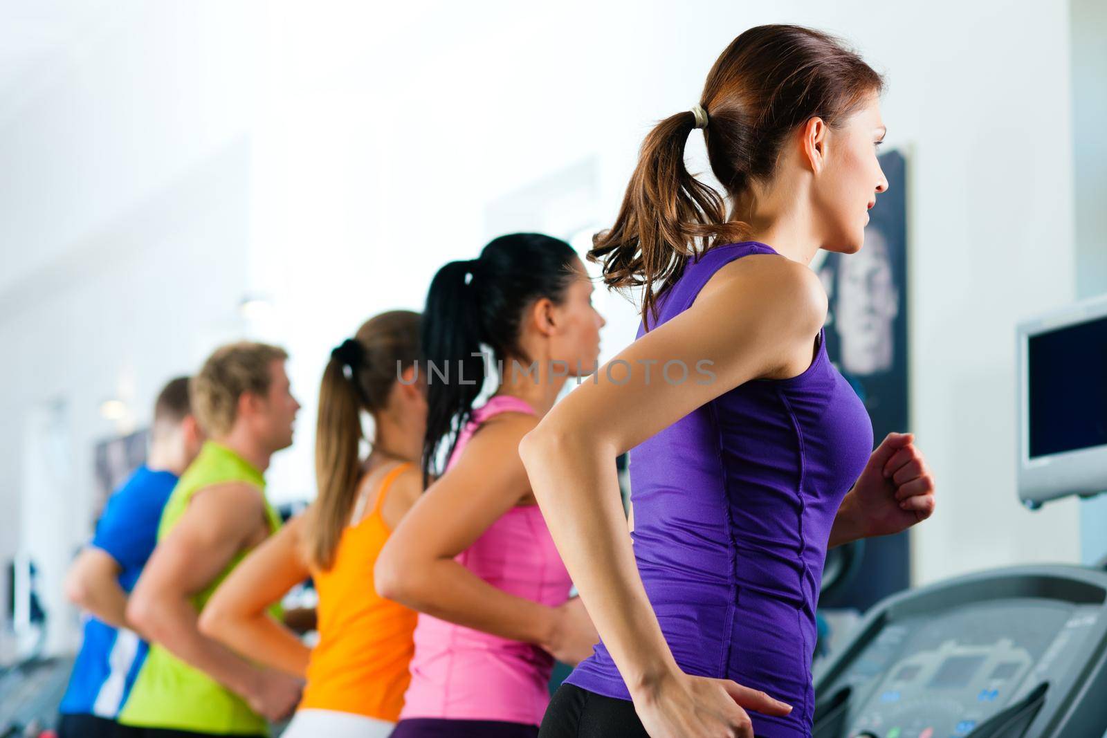 Running on treadmill in gym or fitness club - group of women and men exercising to gain more fitness