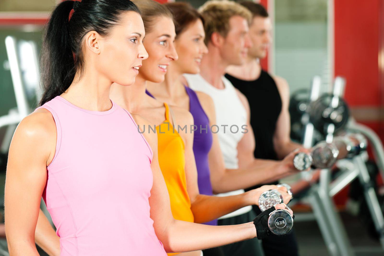 People in gym or fitness club exercising with dumbbells together