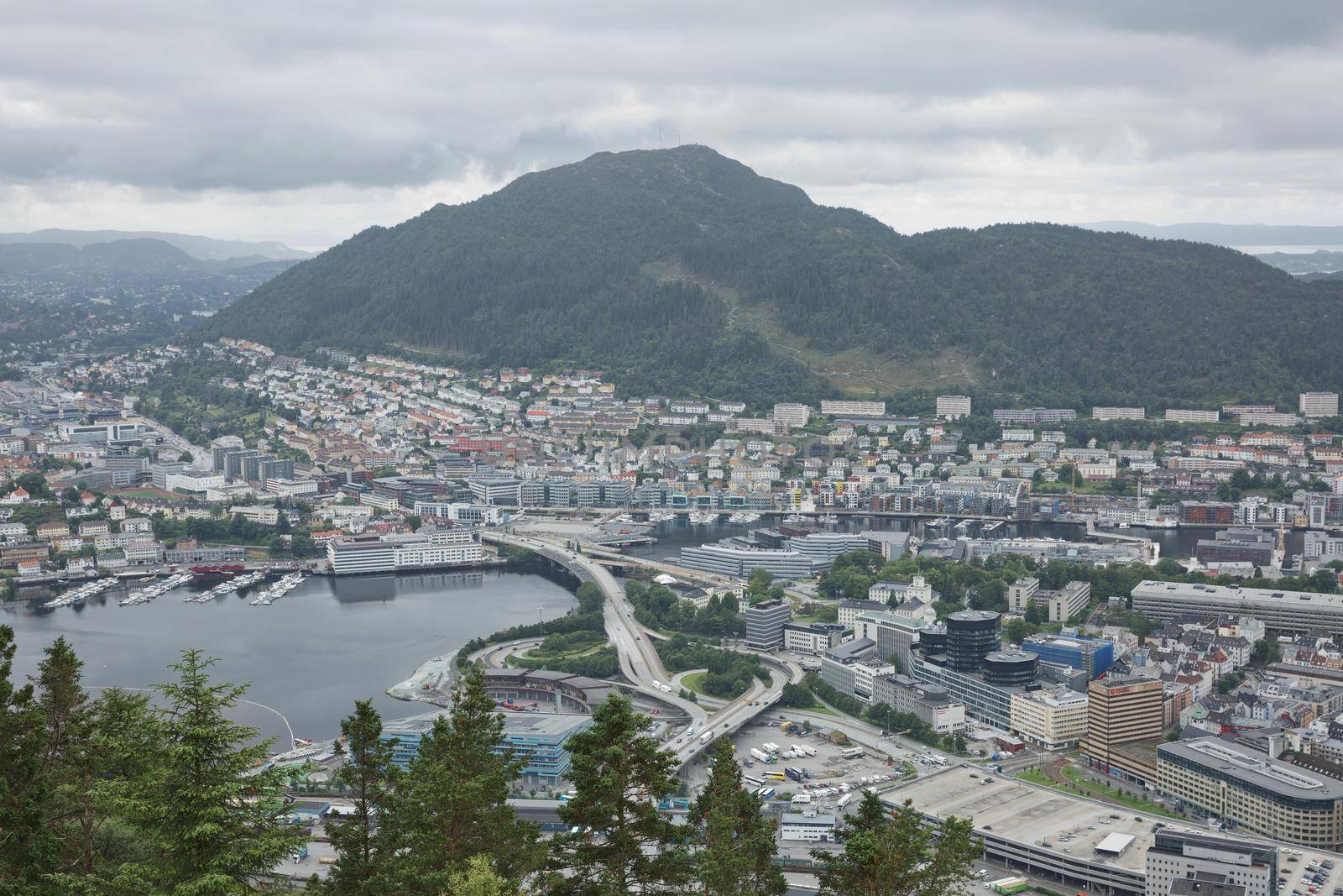 View of Bergen city from Mount Floyen, Floyen is one of the city mountains in Bergen, Hordaland, Norway, and one of the city’s most popular tourist attractions.