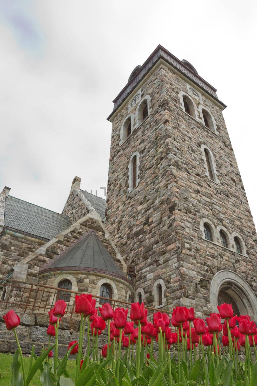 View of a historical stone church in Alesund Norway with red tulips in the foreground.