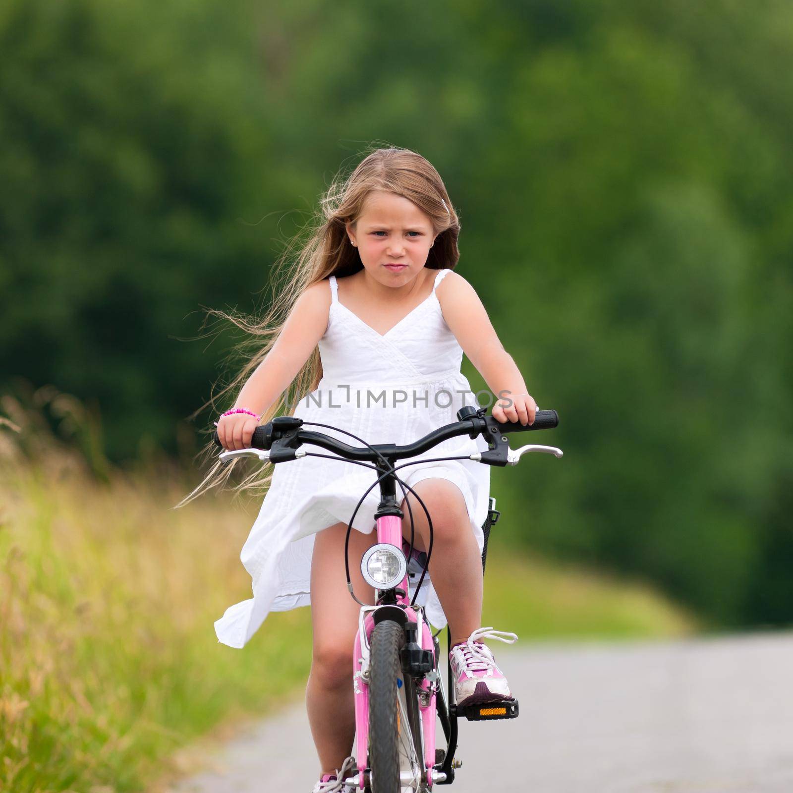 Little happy girl has a weekend excursion on her bike on a summer day in beautiful landscape