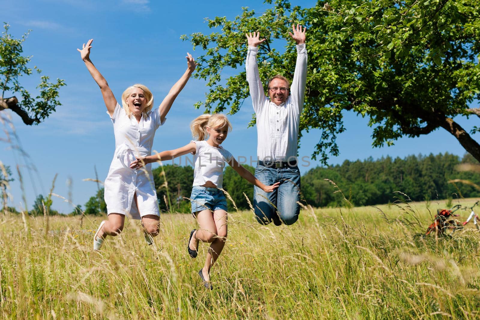 Happy family outdoors jumping by Kzenon