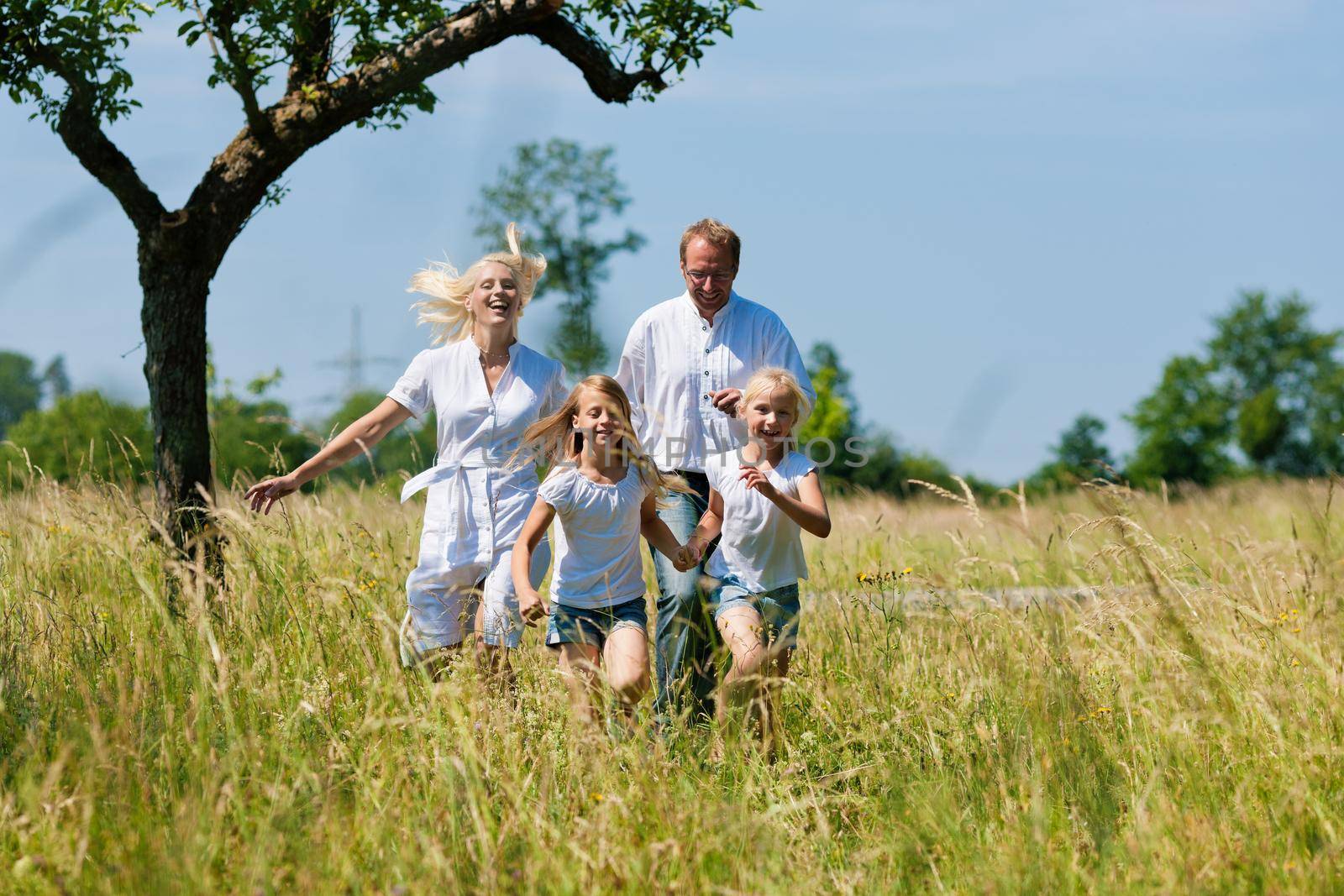 Happy family running in the meadow by Kzenon