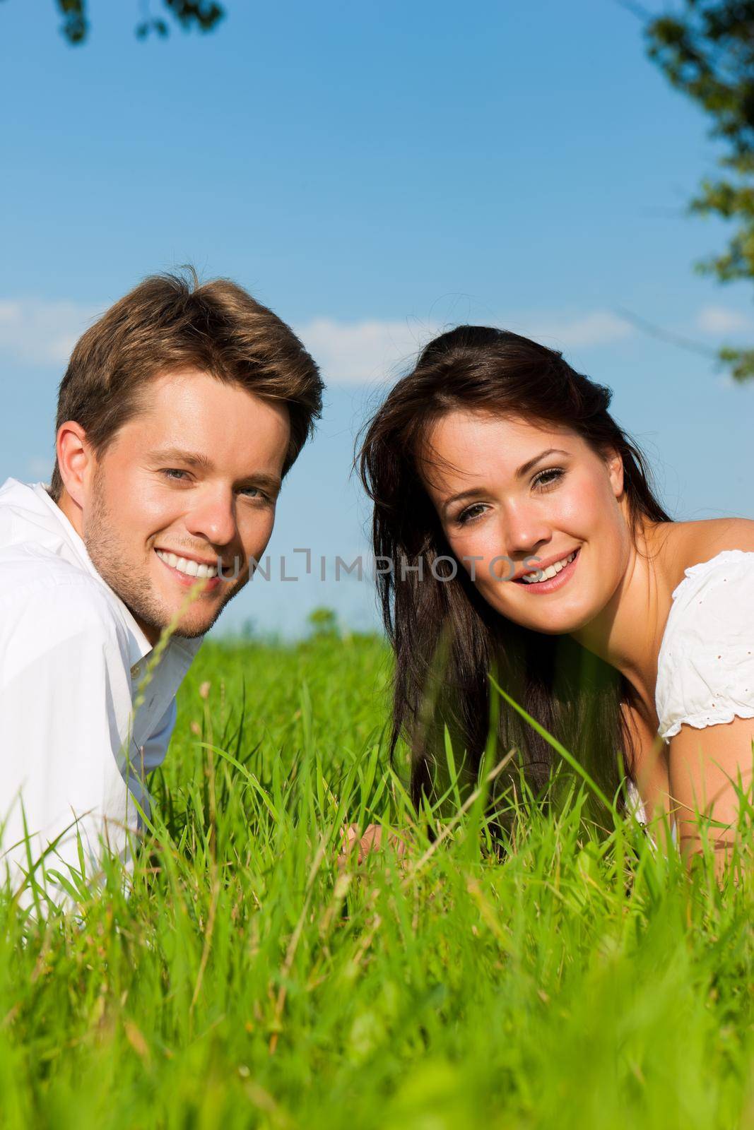 Happy couple lying on a meadow in summer