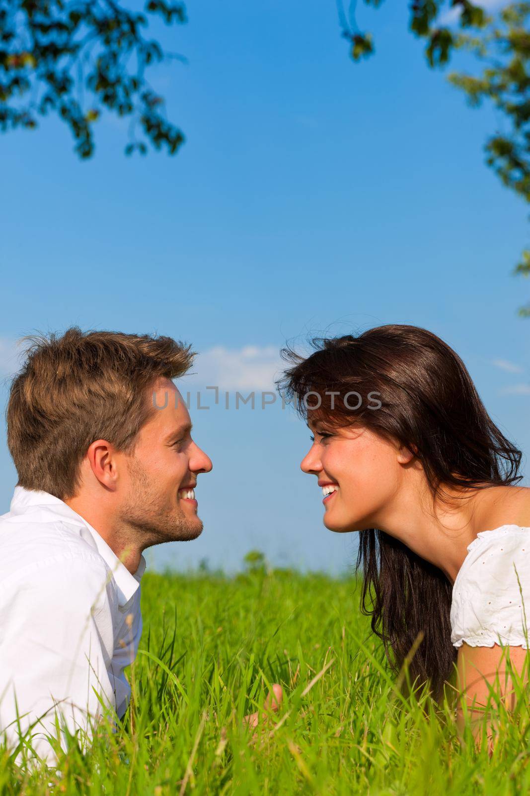 Happy couple lying on a meadow in summer