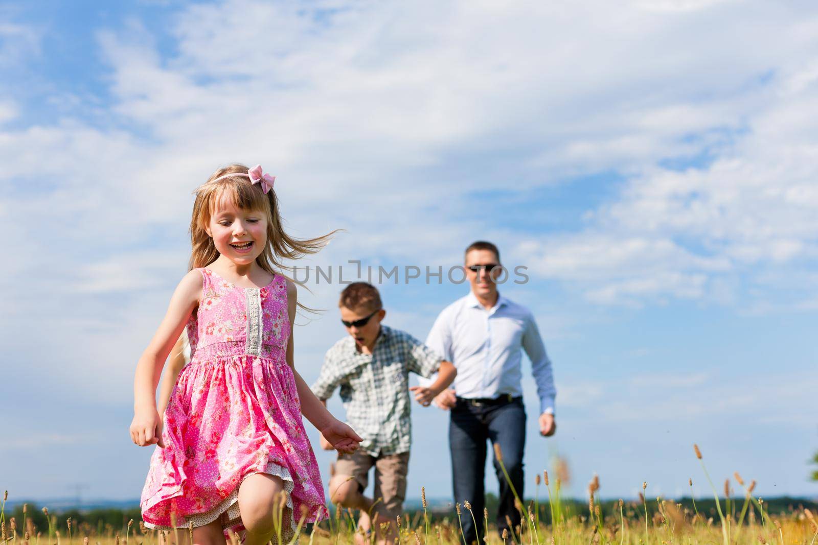 Happy family - father, children - playing on a meadow in summer under blue sky