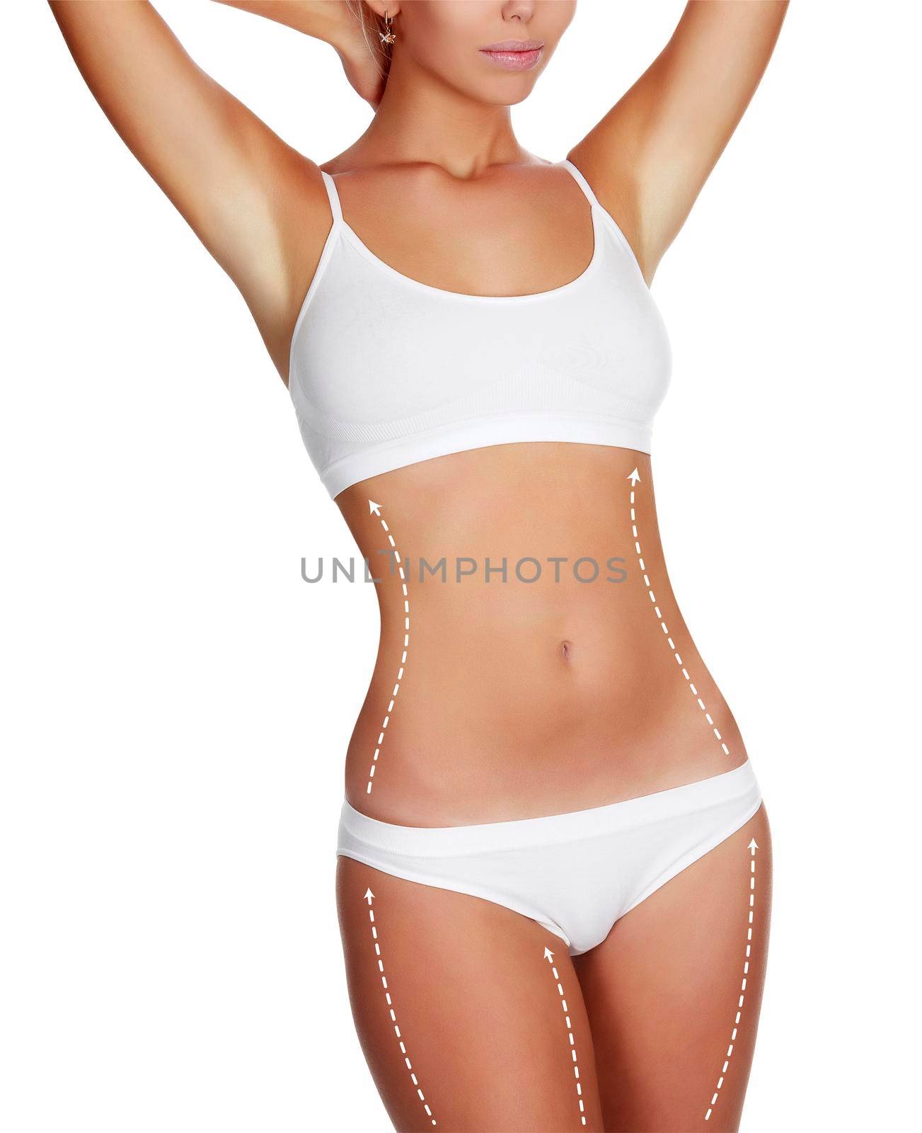 Dotted lines on beautiful female body. Closeup of woman slim fit body with white marks, isolated on white background