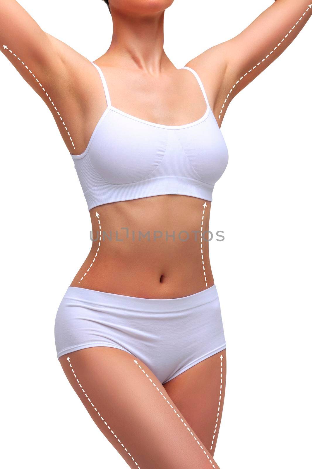 Dotted lines on beautiful female body. Closeup of woman slim fit body with white marks, isolated on white background