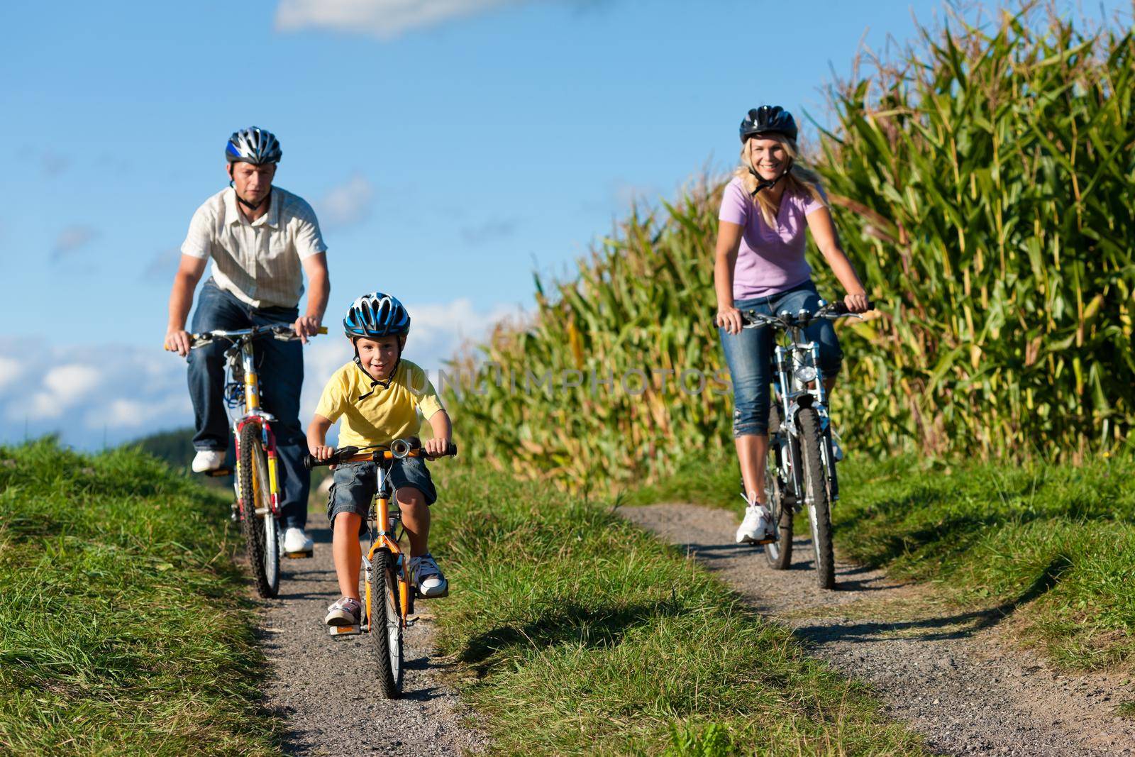 Family is cycling in summer - here mother, father and son