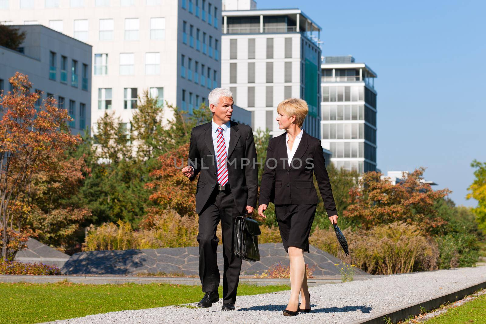 Business people talking outdoors and walking in a park