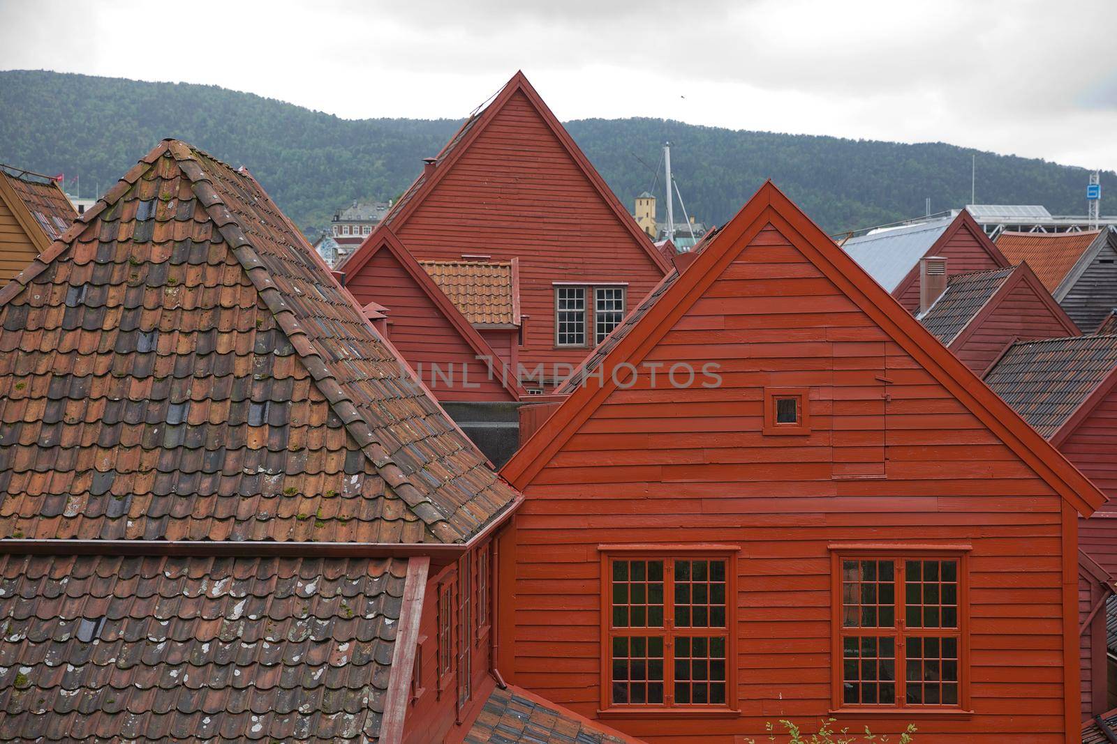 Old vintage houses and classic architecture of Bryggen in town of Bergen in Norway.