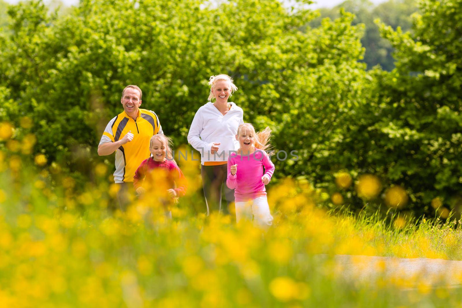 Happy Family with two girls running or jogging for sport and better fitness in a meadow in summer
