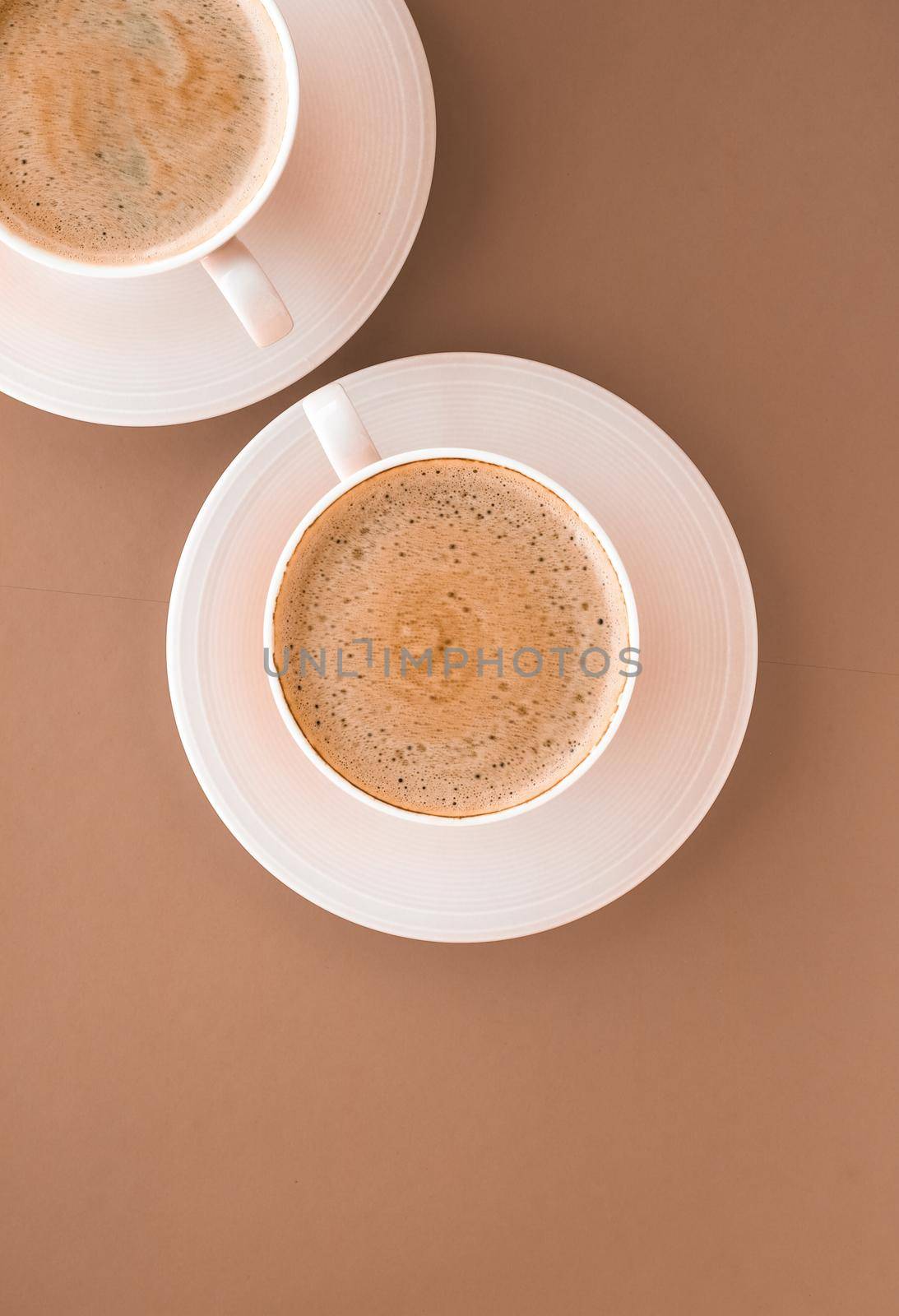 Drinks menu, italian espresso recipe and organic shop concept - Cup of hot coffee as breakfast drink, flatlay cups on beige background