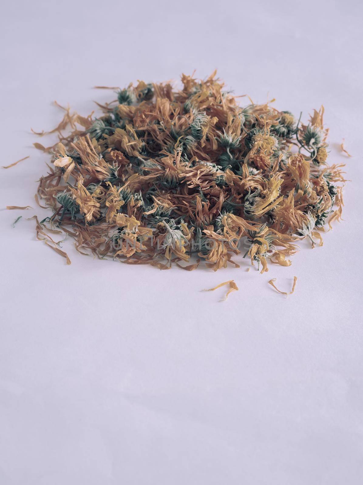 Dried calendula flowers on a light background, a drug with a bactericidal, anti-inflammatory effect. Copy space.