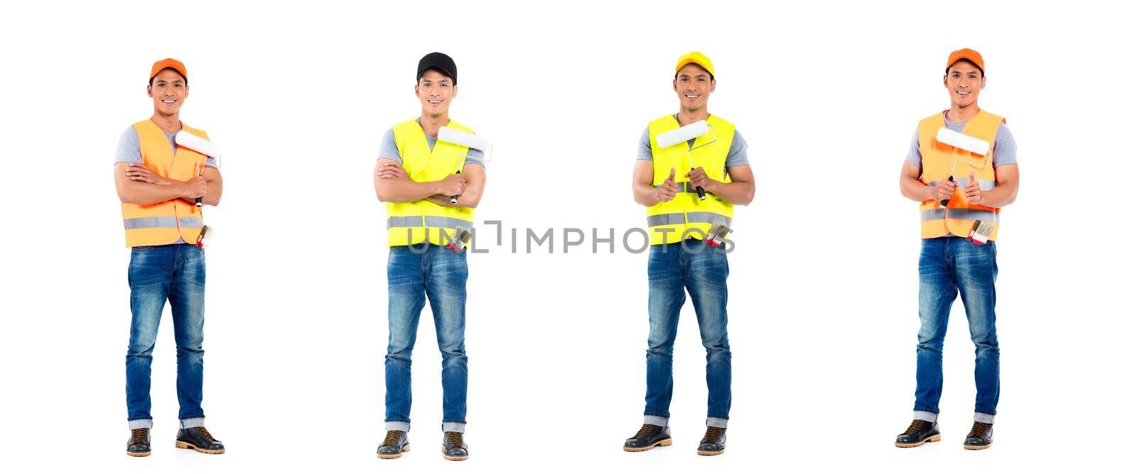 Asian painter, working man, compositing of four scenes, isolated on white background