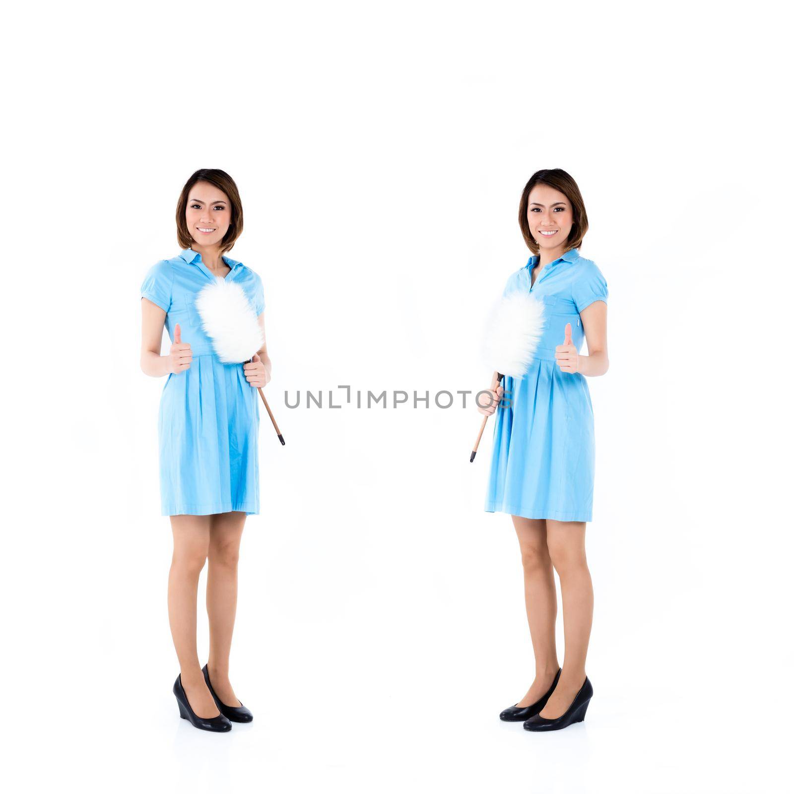 Asian housekeeper or hotel maid, compositing of two scenes, isolated on white background
