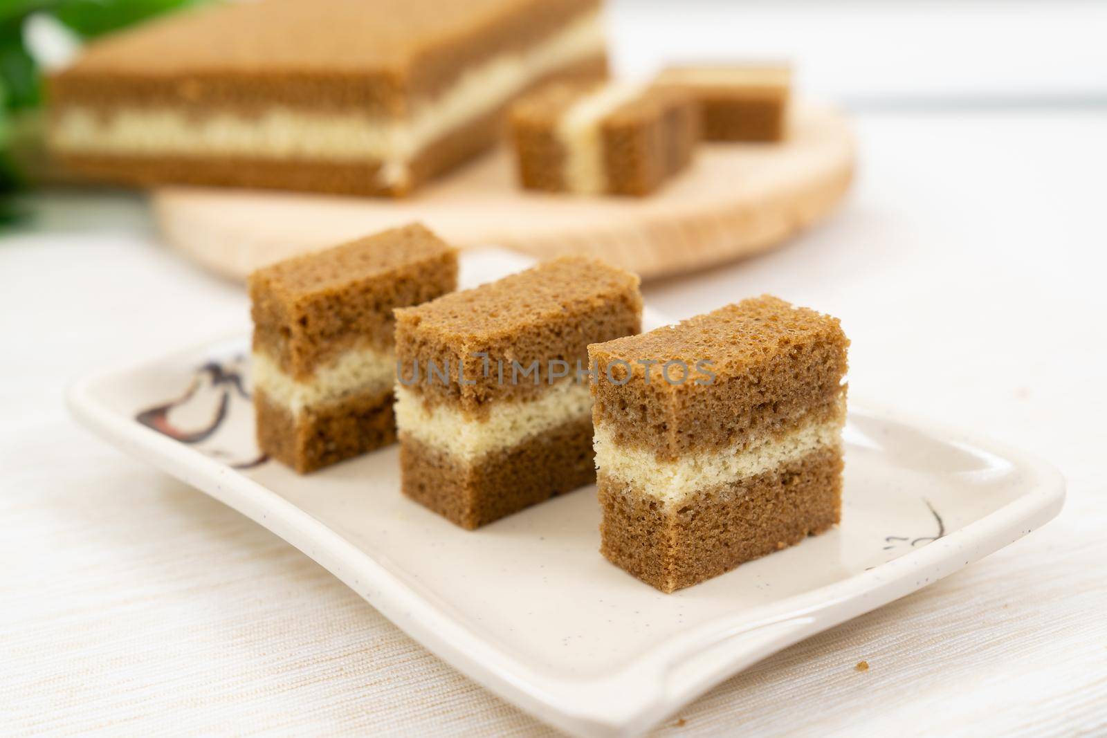 Three layer steamed coffee cake, a famous Malaysia Sarawak or Southeast Asia kek lapis