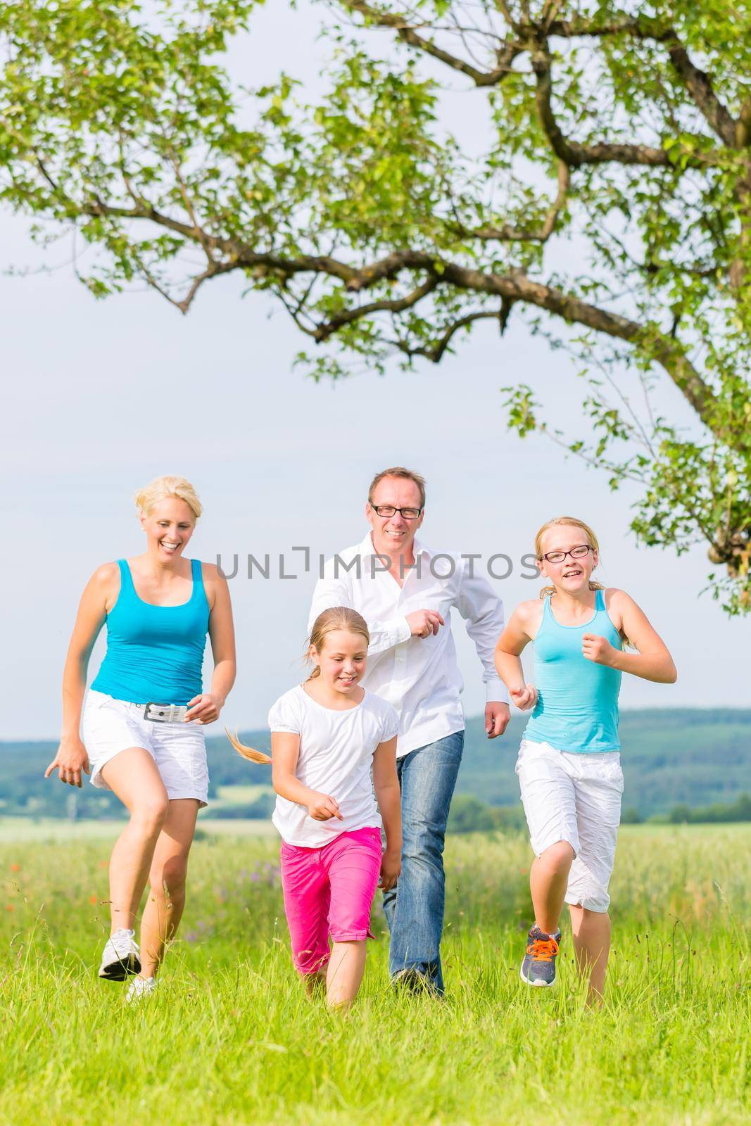 Family runing over field or lawn in summer by Kzenon