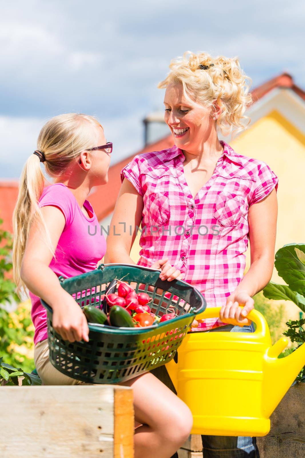 Mother and daughter working in garden harvesting and watering vegetables in front of their house
