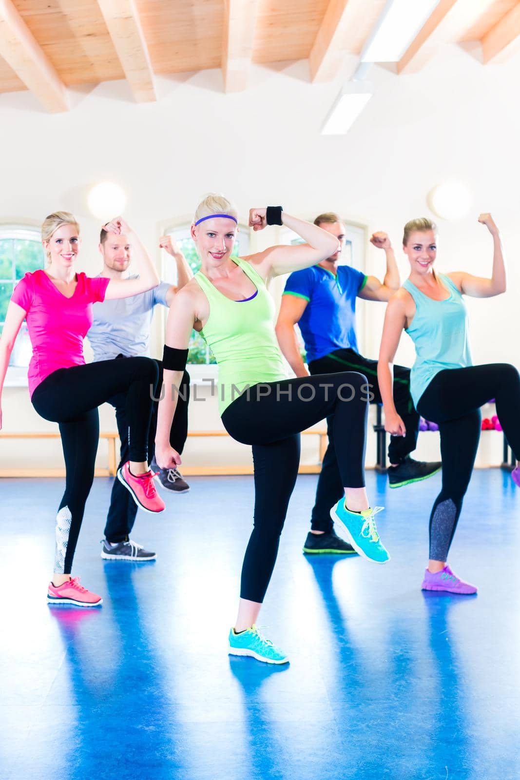 Group of fitness people in gym at aerobics