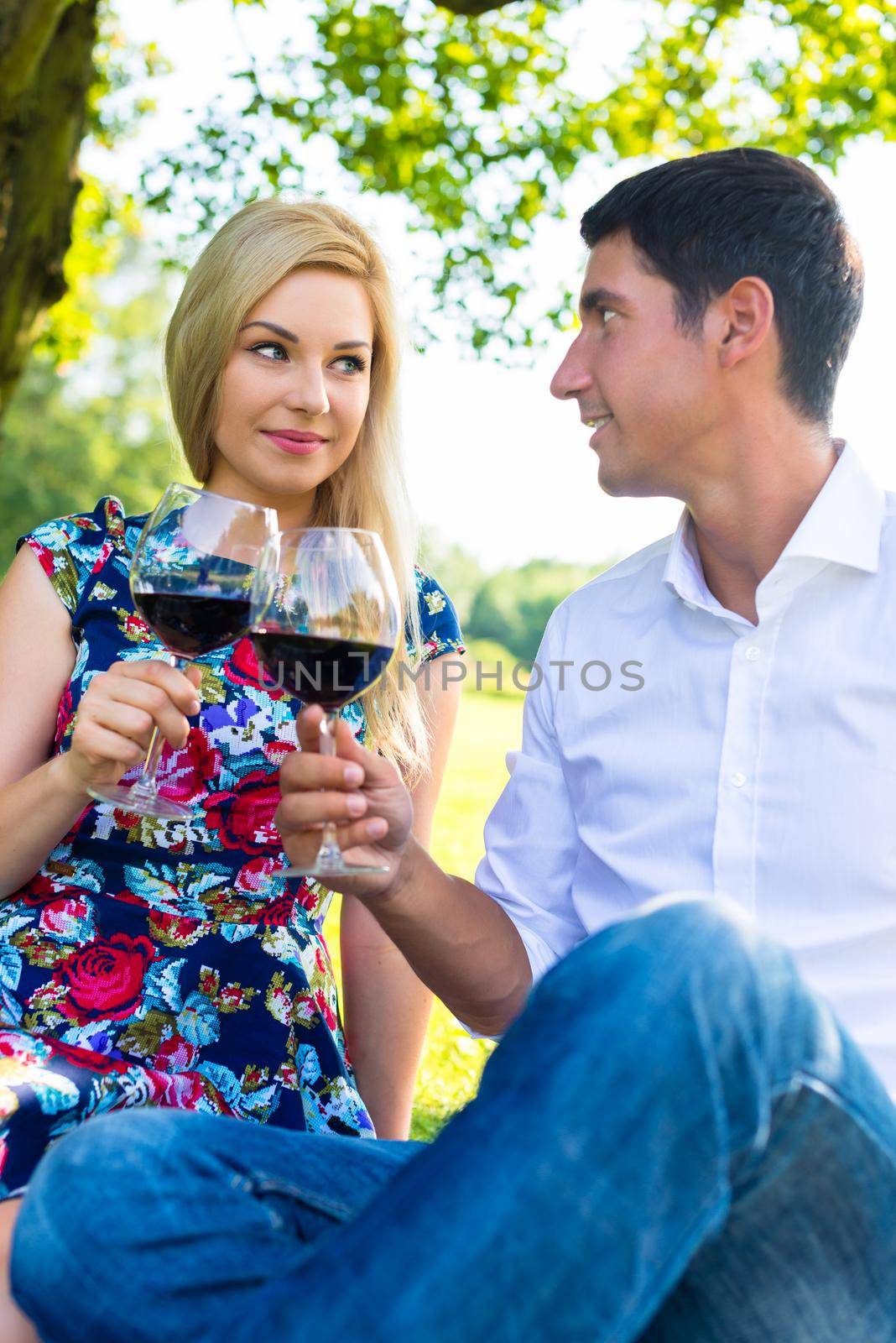 Couple having picnic wit red wine on meadow sitting on blanket with basket