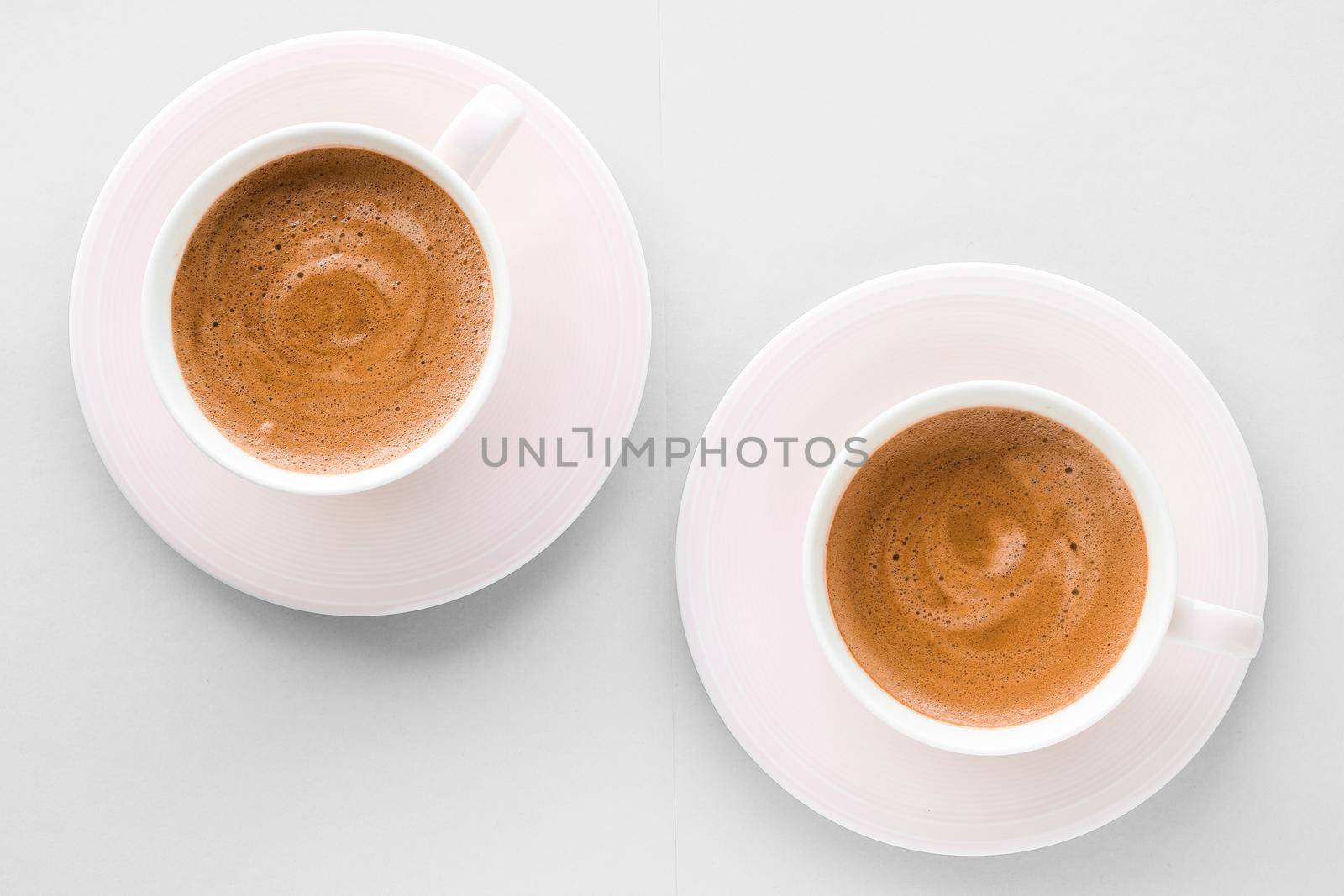 Drinks menu, italian espresso recipe and organic shop concept - Cup of hot french coffee as breakfast drink, flatlay cups on white background