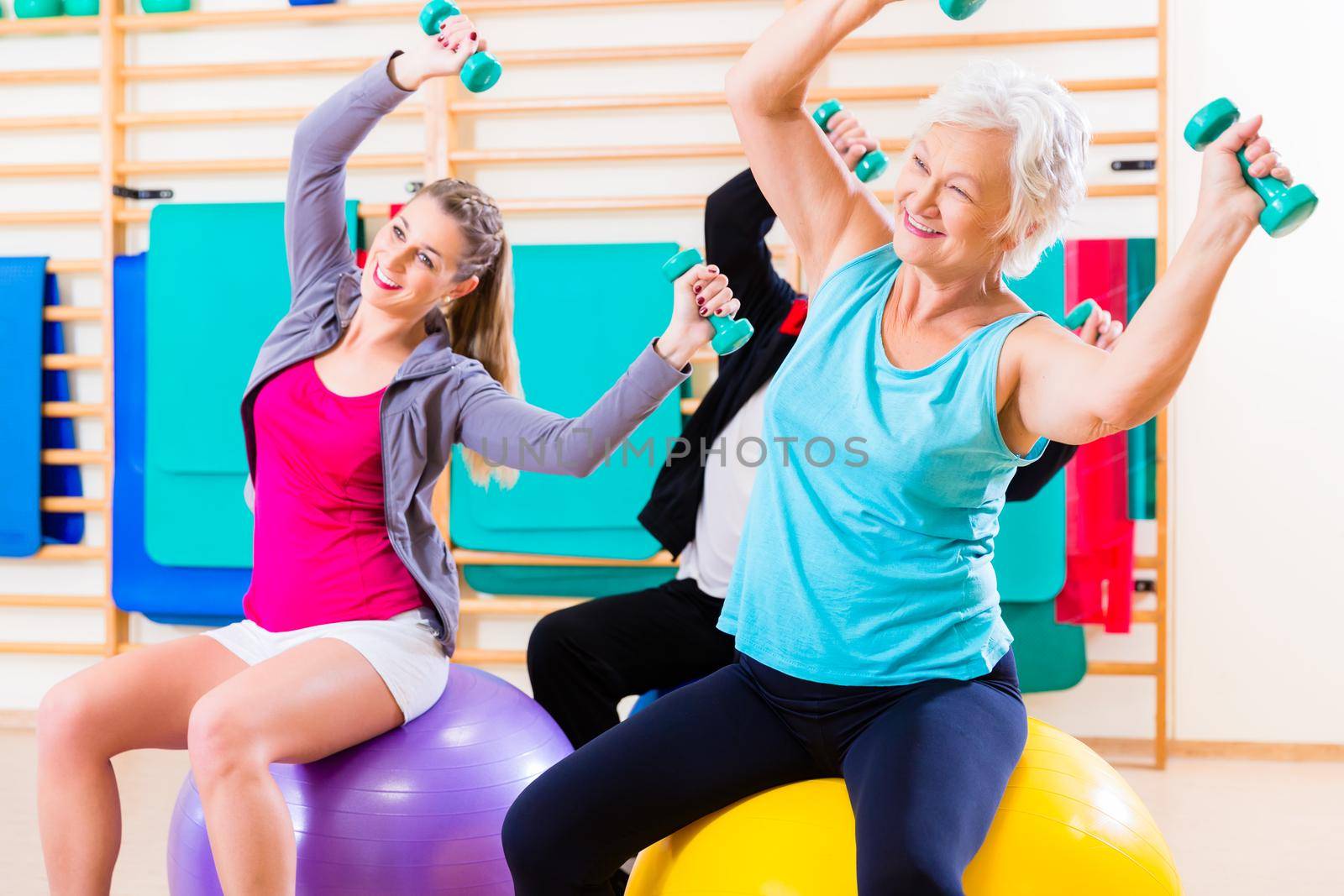 Group of senior and young people at physiotherapy doing exercises