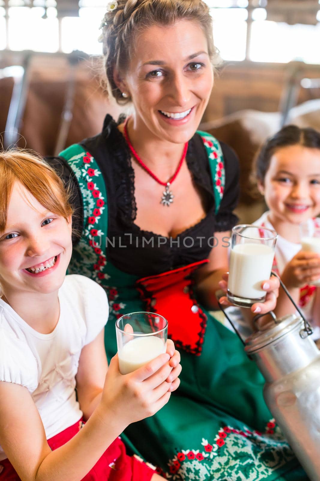 Bavaria family drinking milk in cow barn by Kzenon