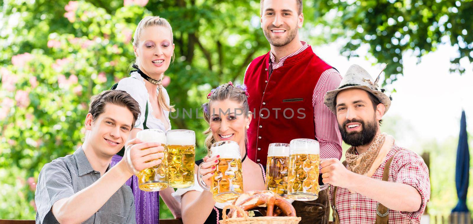Friends in Bavarian beer garden drinking in summer