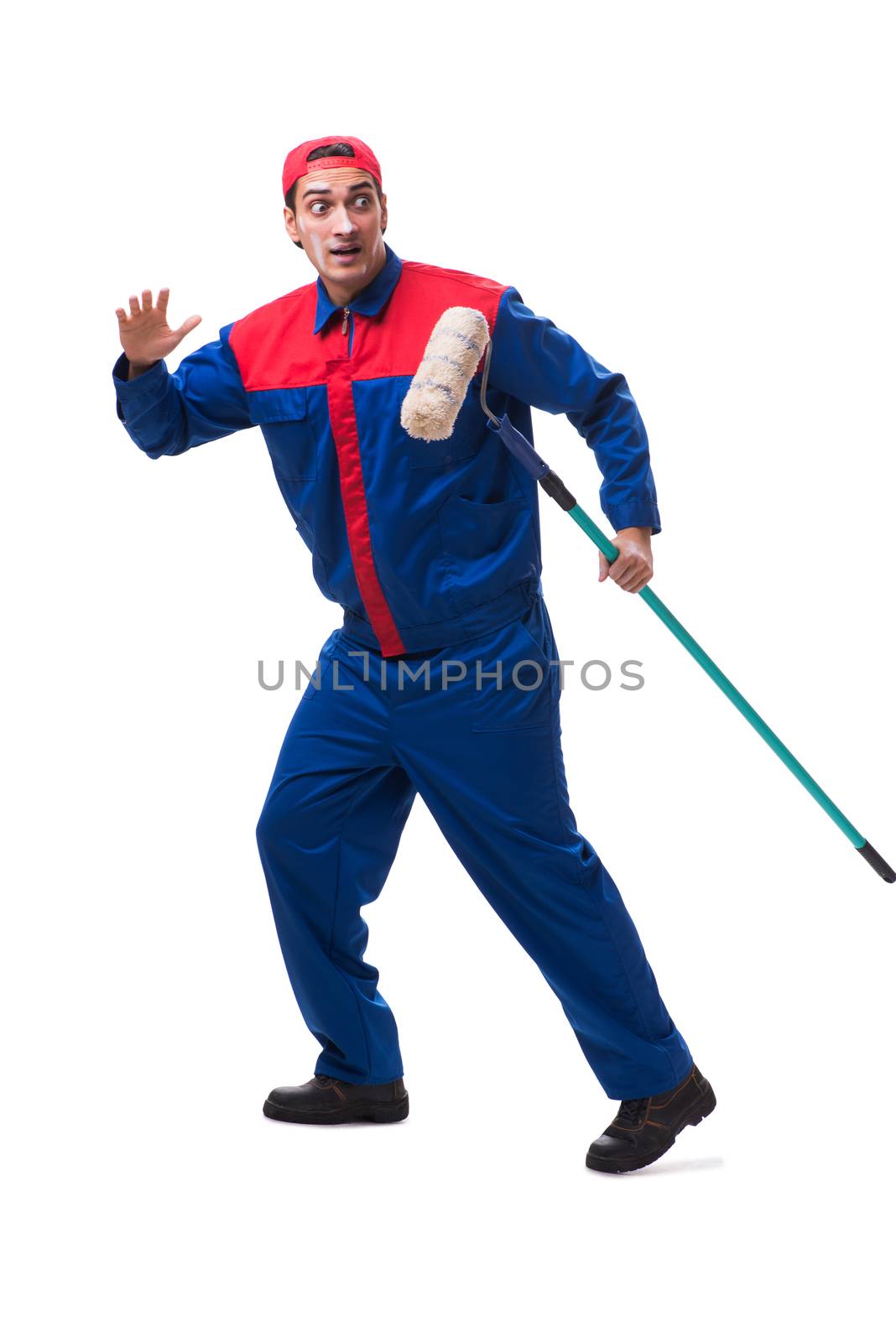 Young painter contractor isolated on white background