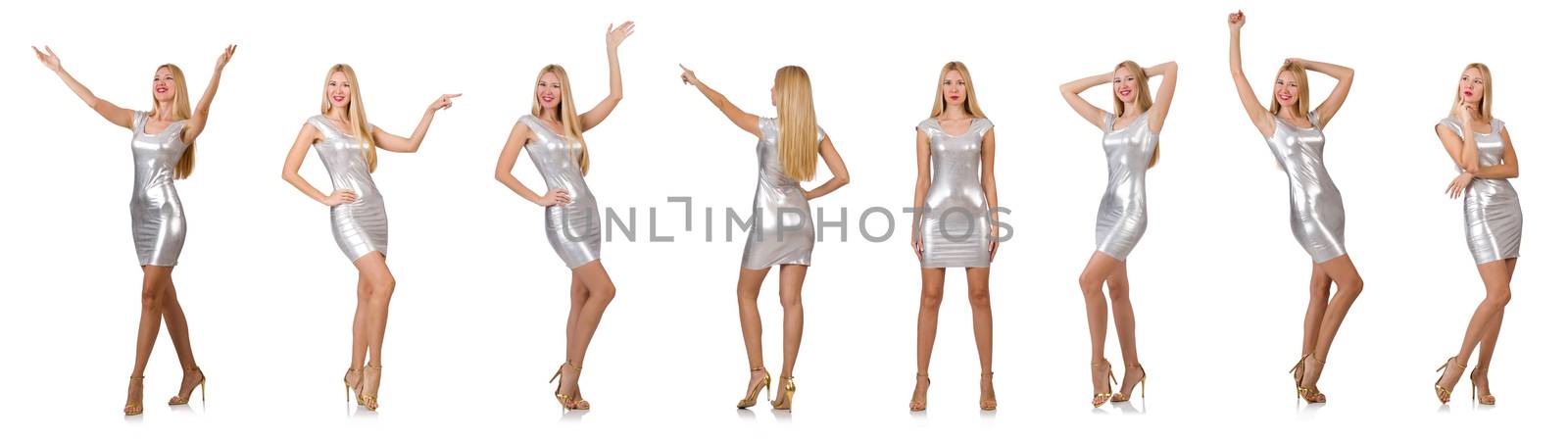 Young woman in silver dress isolated on white