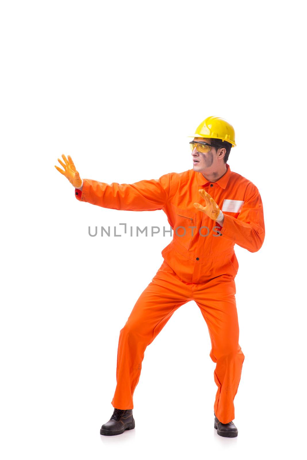 Contractor employee wearing coveralls isolated on white