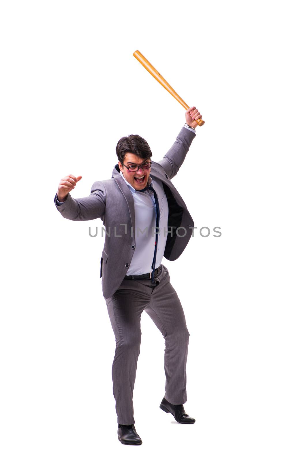 Businessman with baseball bat isolated on white