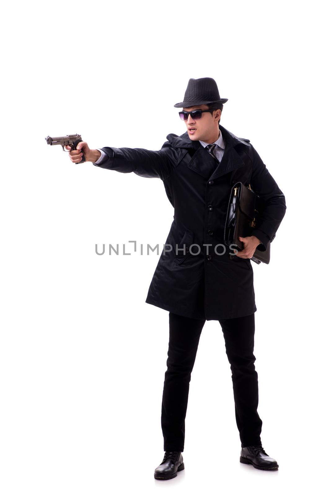 Man spy with handgun isolated on white background