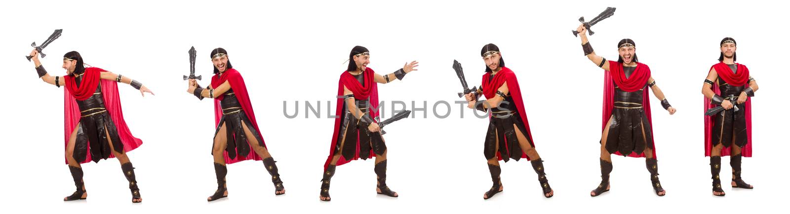 Gladiator posing with sword isolated on white